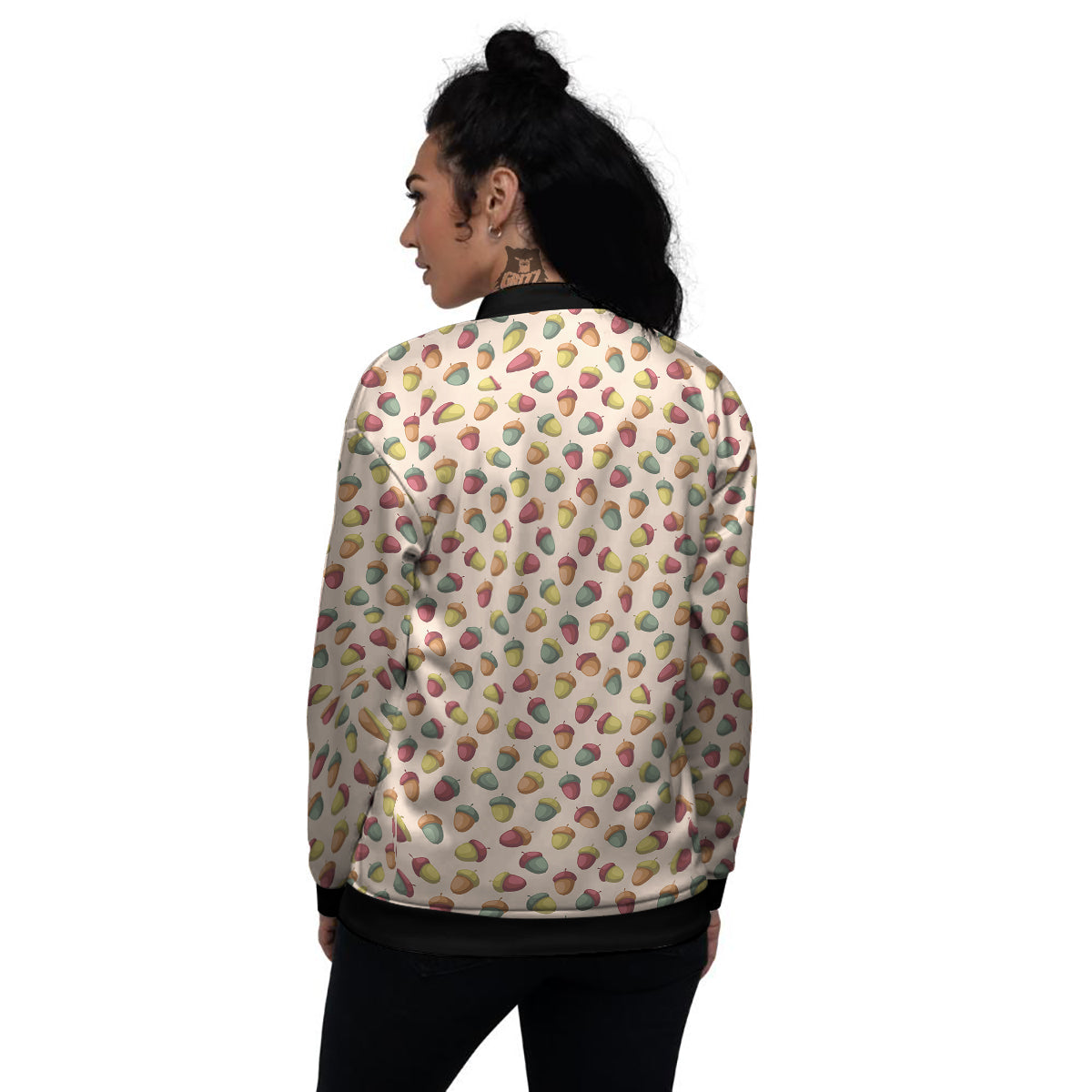 Acorn Beige Color Print Pattern Women's Bomber Jacket-grizzshop