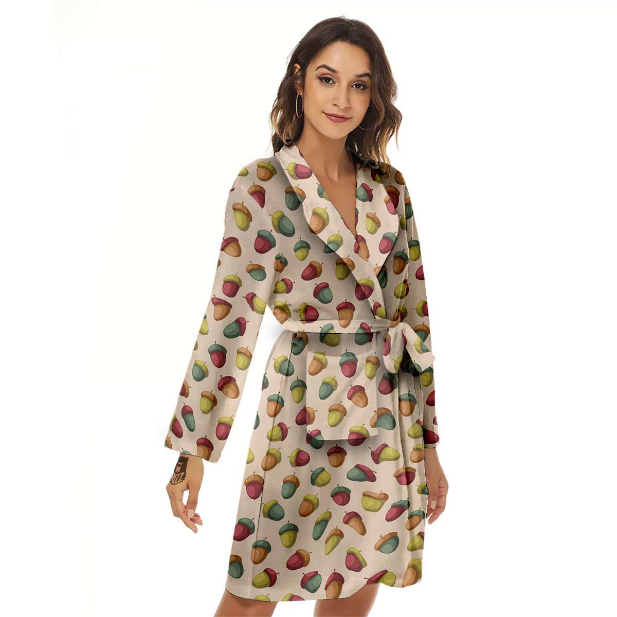 Acorn Beige Color Print Pattern Women's Robe-grizzshop