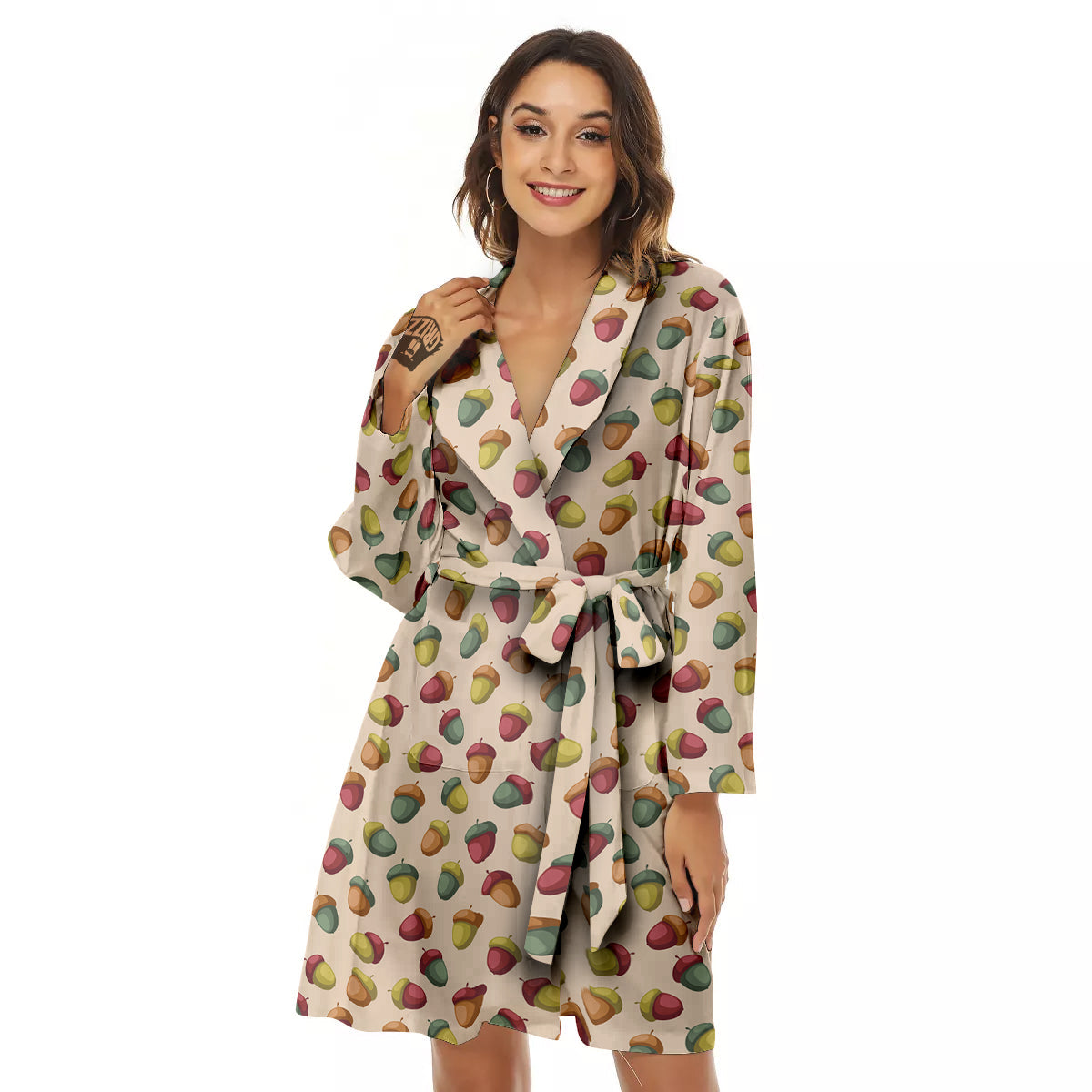 Acorn Beige Color Print Pattern Women's Robe-grizzshop
