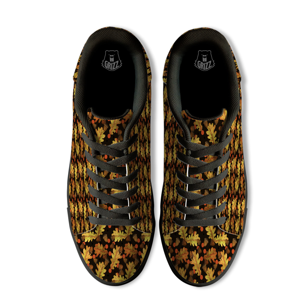 Acorn Leaf Print Pattern Black Low Top Sneakers-grizzshop