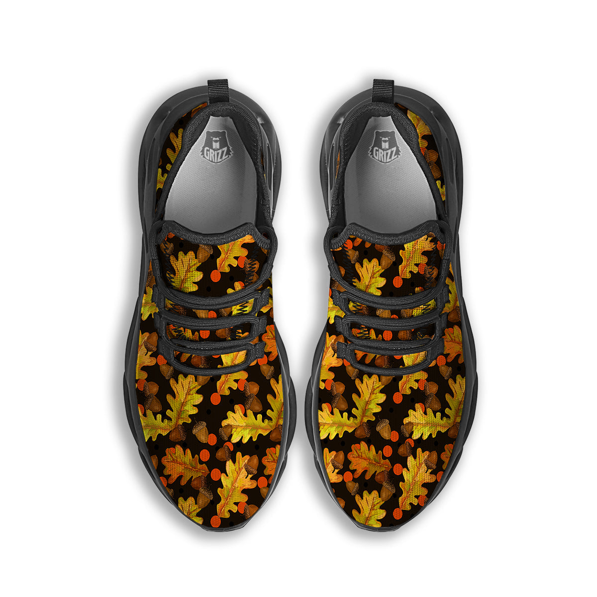 Acorn Leaf Print Pattern Black Running Shoes-grizzshop
