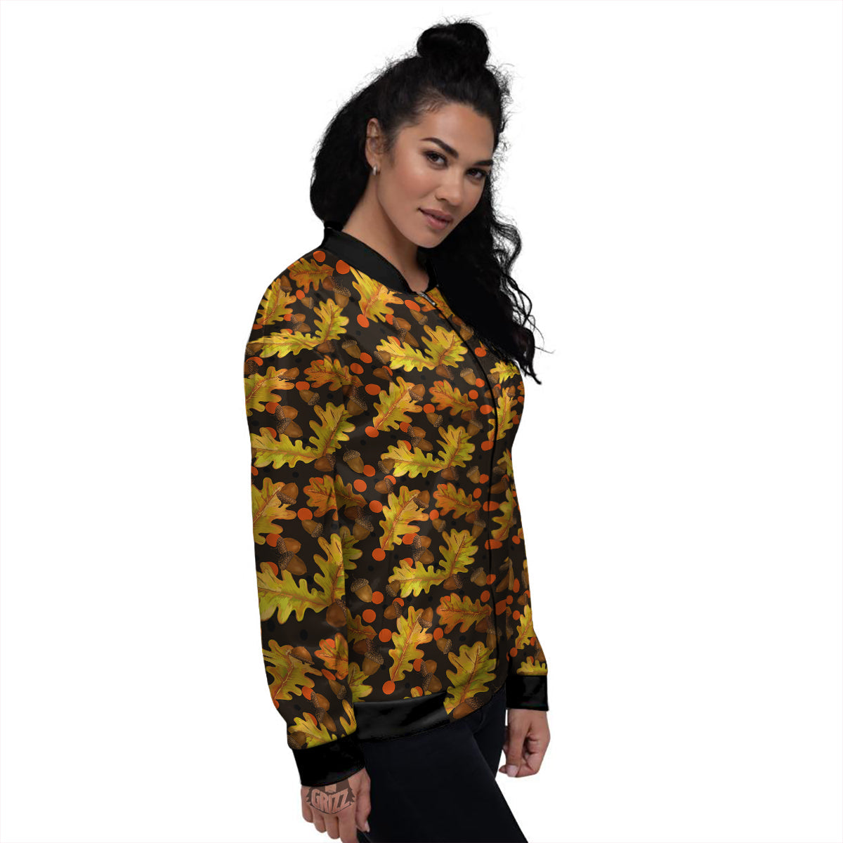 Acorn Leaf Print Pattern Women's Bomber Jacket-grizzshop