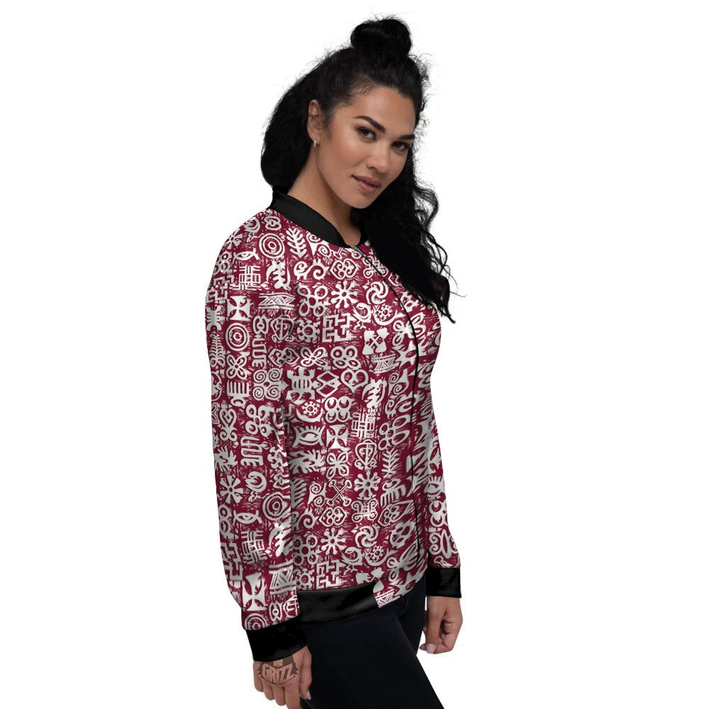 Adinkra African Tribe Red Symbols Women's Bomber Jacket-grizzshop