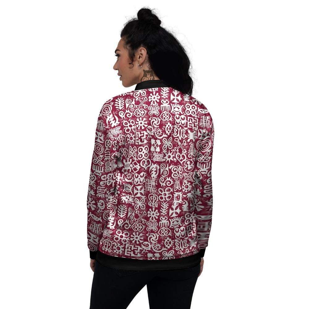 Adinkra African Tribe Red Symbols Women's Bomber Jacket-grizzshop