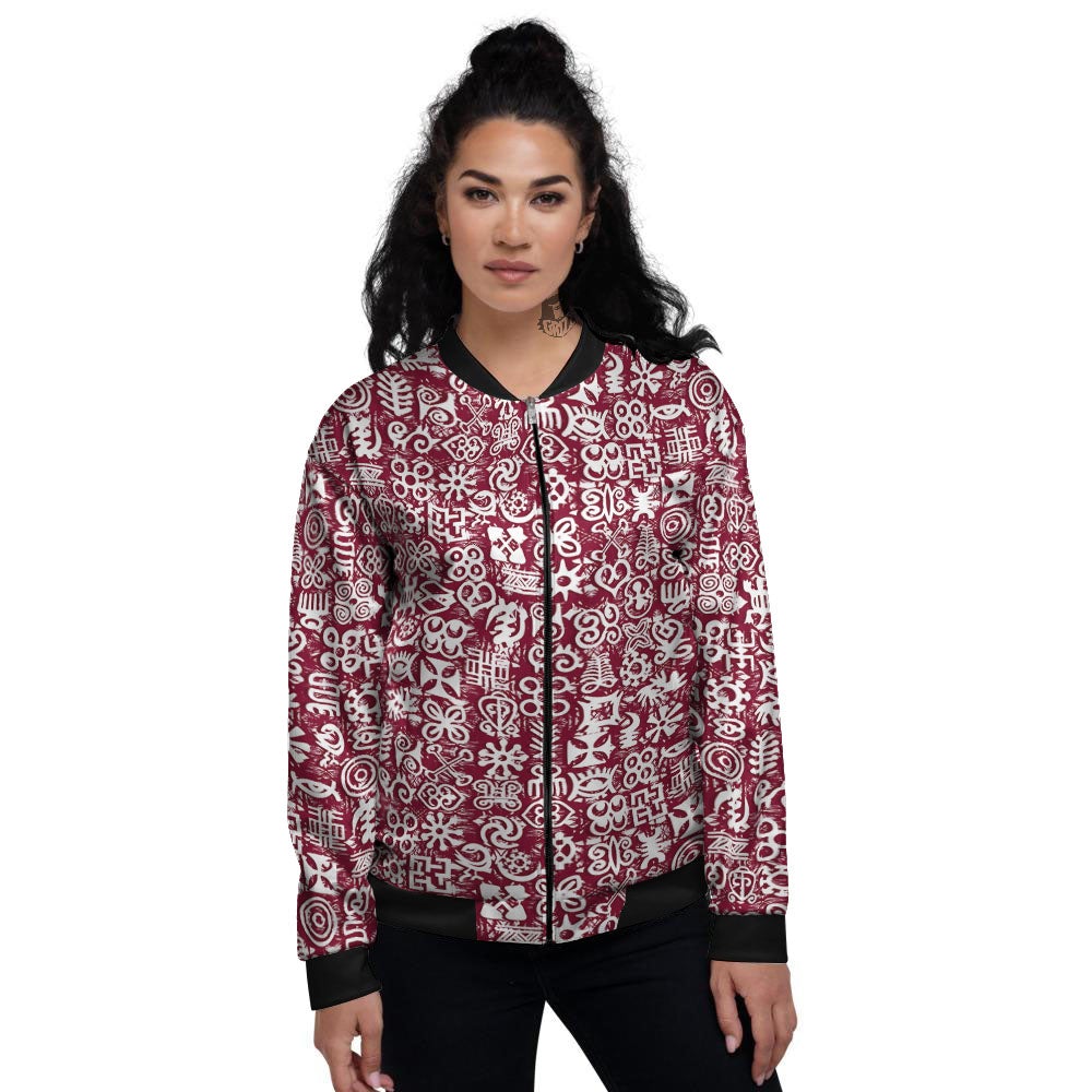 Adinkra African Tribe Red Symbols Women's Bomber Jacket-grizzshop