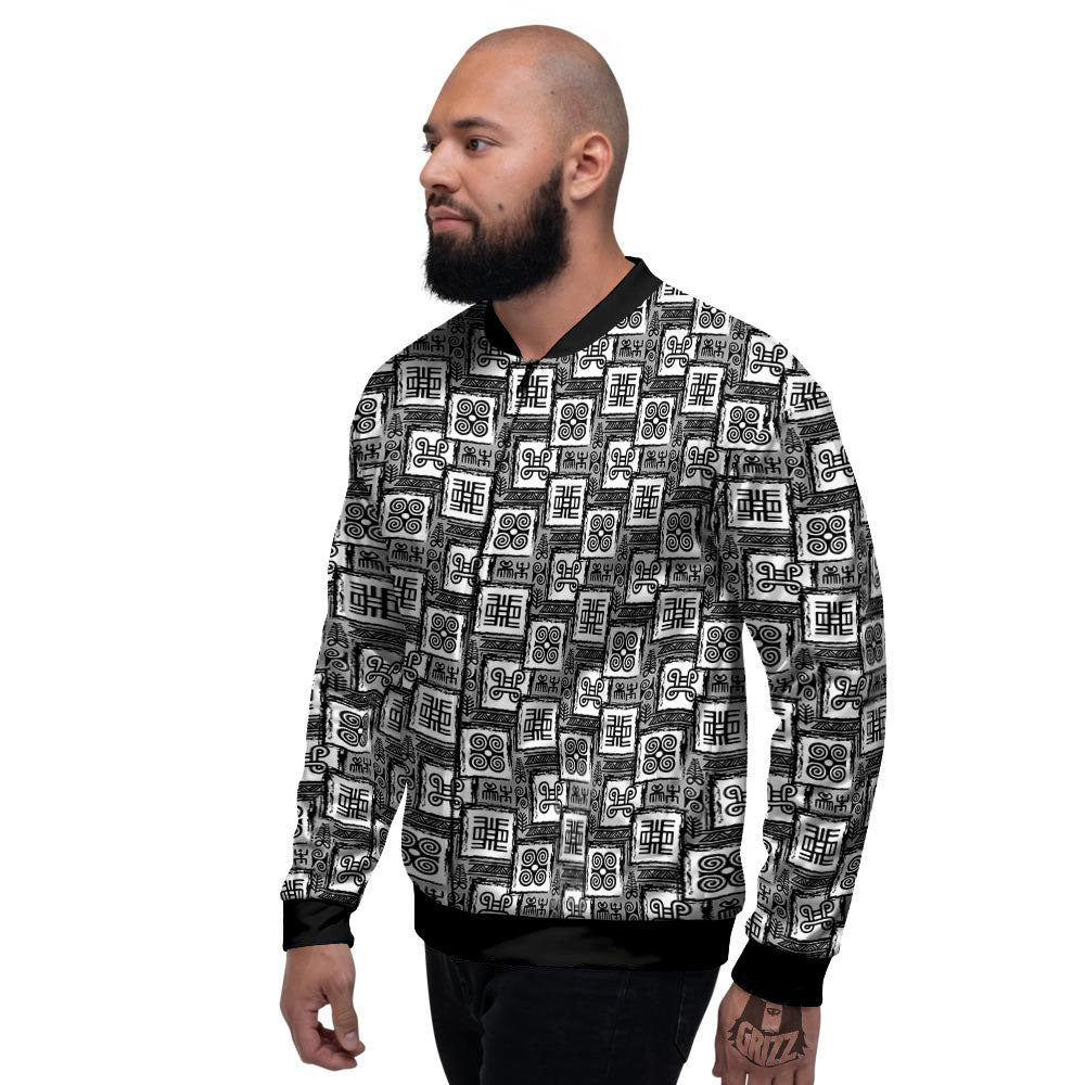 Adinkra Symbols Grey African Print Men's Bomber Jacket-grizzshop