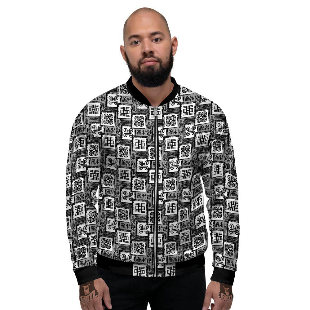 Adinkra Symbols Grey African Print Men's Bomber Jacket-grizzshop