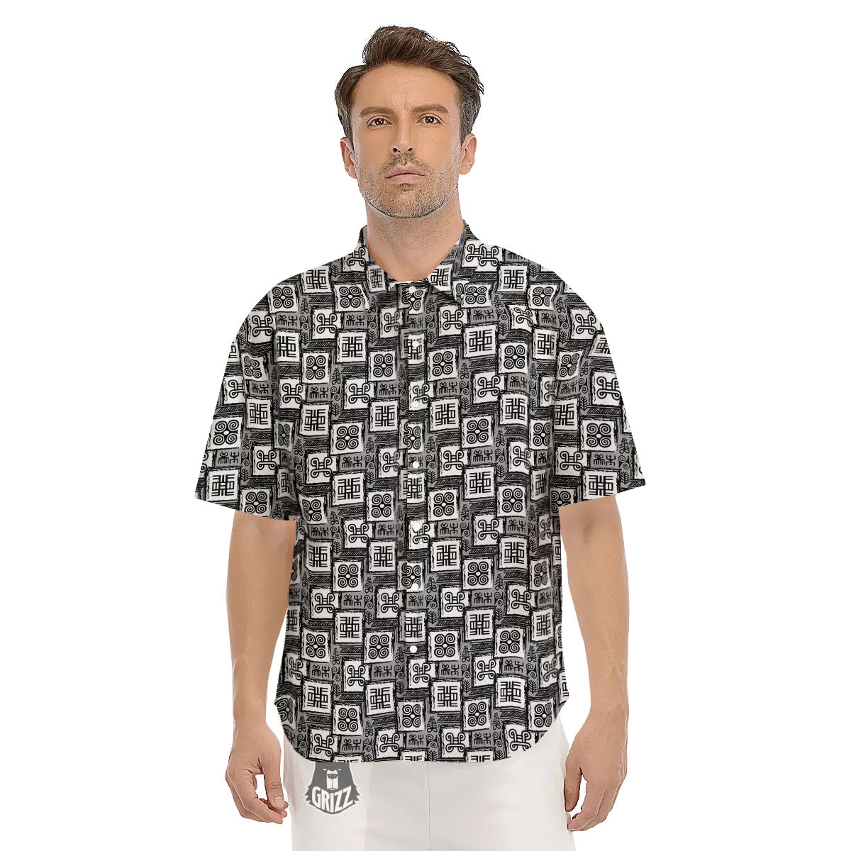 Adinkra Symbols Grey African Print Men's Short Sleeve Shirts-grizzshop