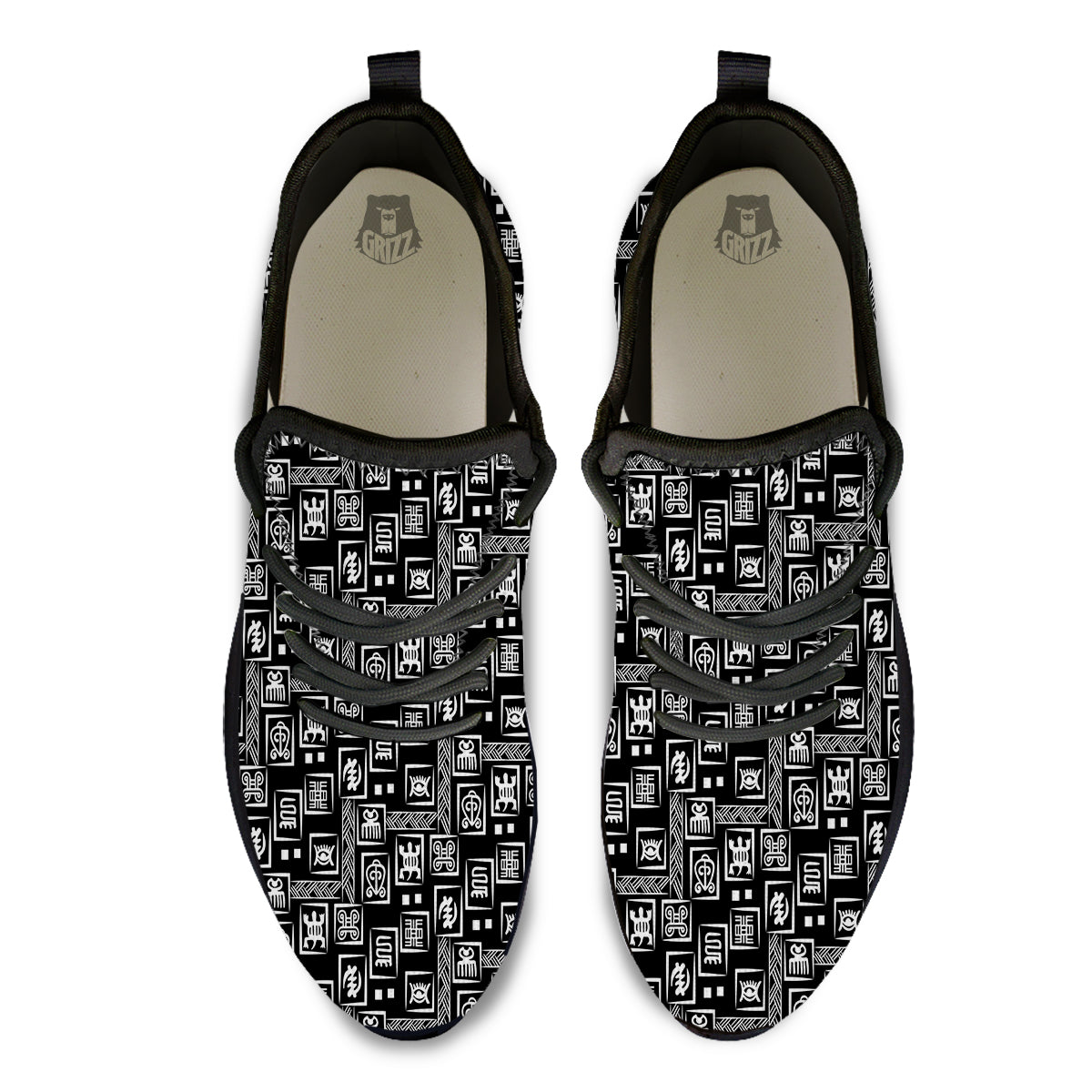 Adinkra Symbols White And Black Print Pattern Black Athletic Shoes-grizzshop