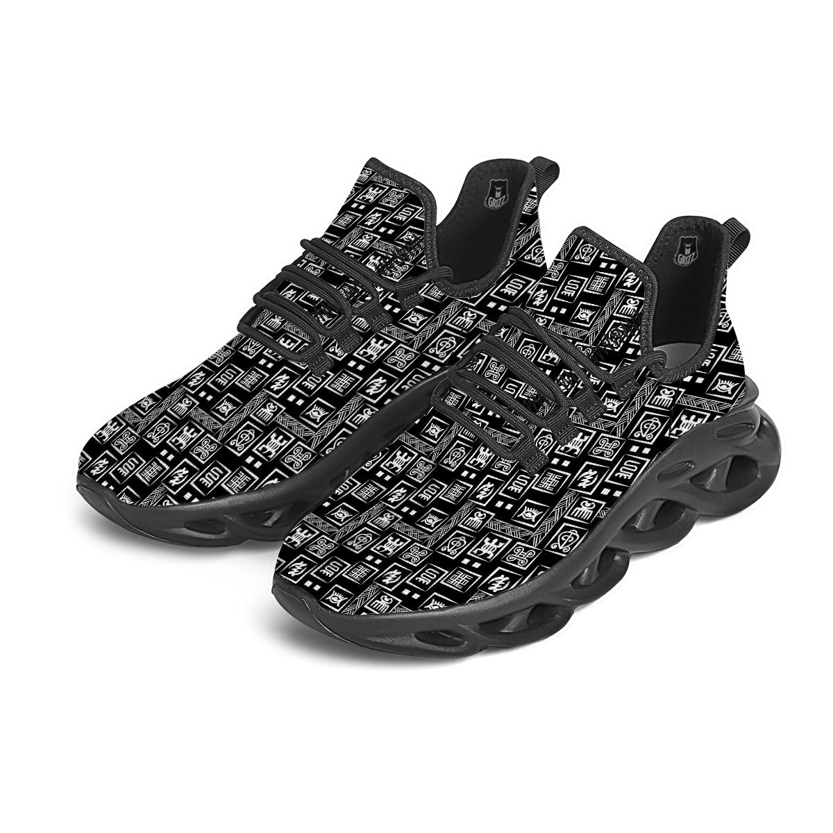 Adinkra Symbols White And Black Print Pattern Black Running Shoes-grizzshop