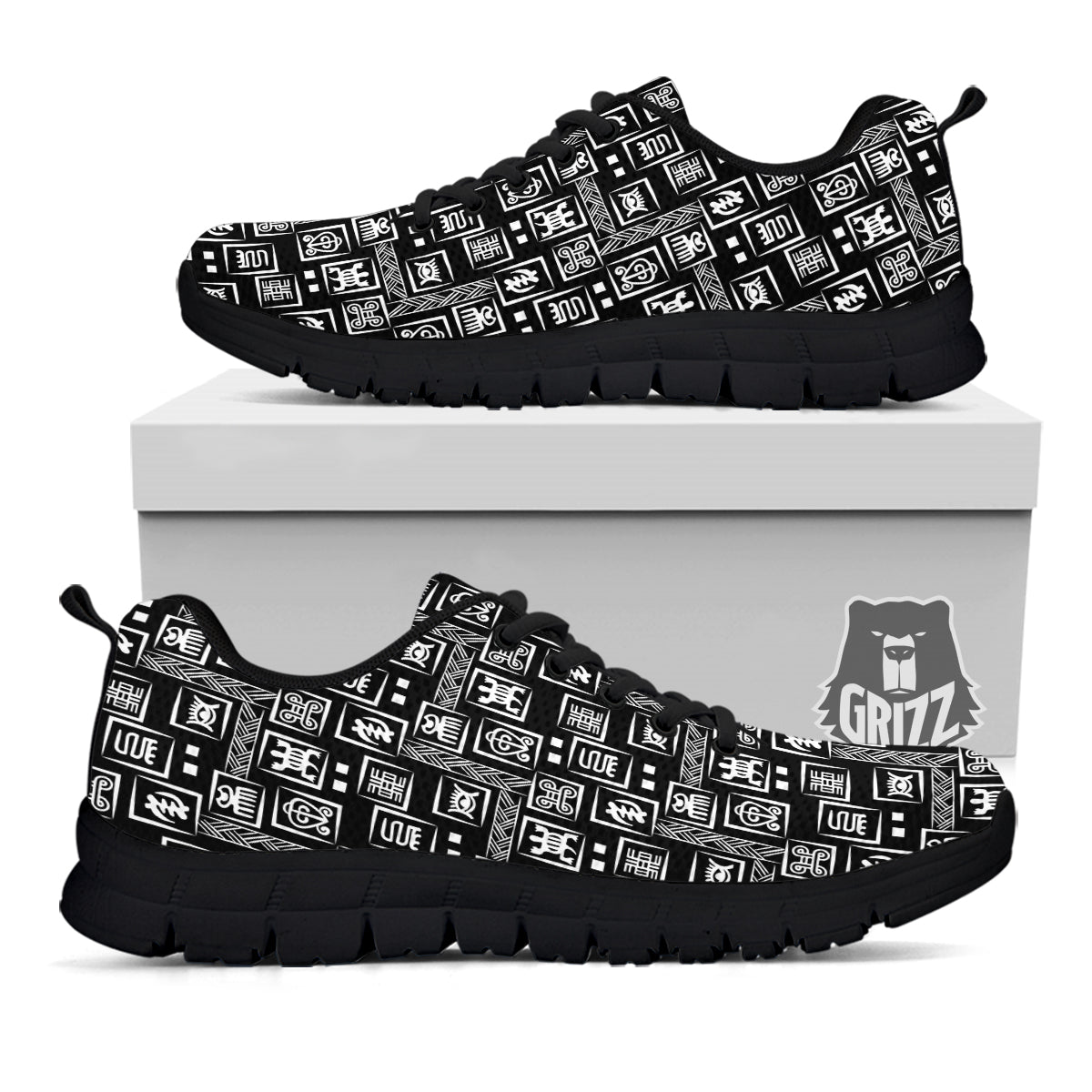 Adinkra Symbols White And Black Print Pattern Black Sneaker-grizzshop