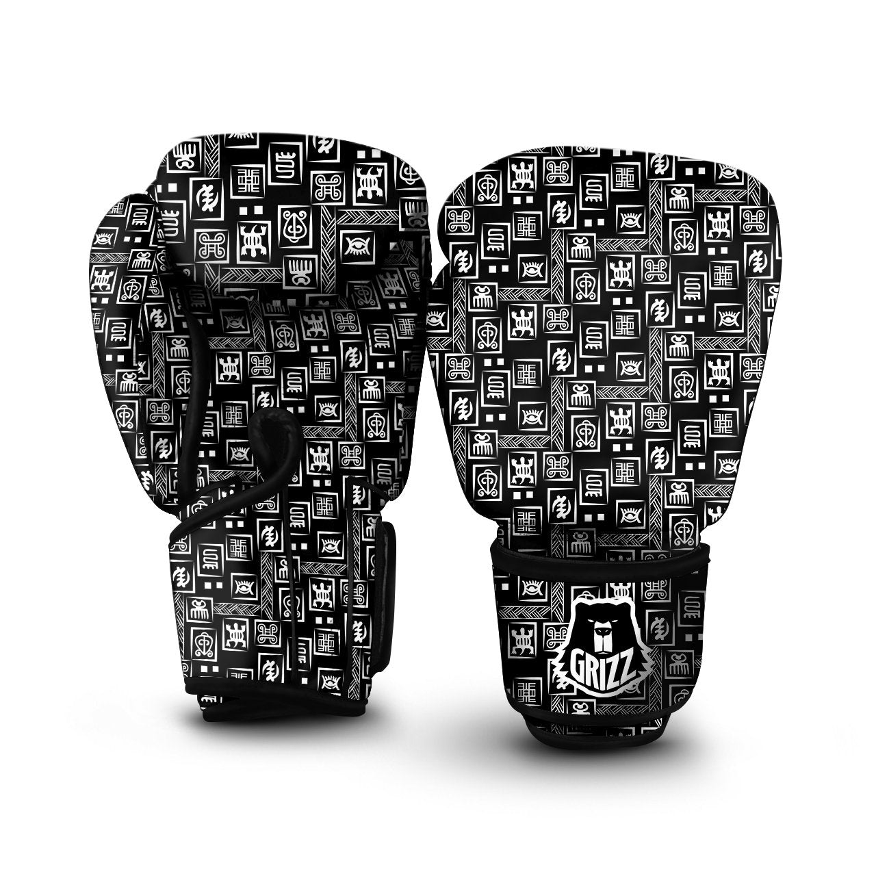 Adinkra Symbols White And Black Print Pattern Boxing Gloves-grizzshop