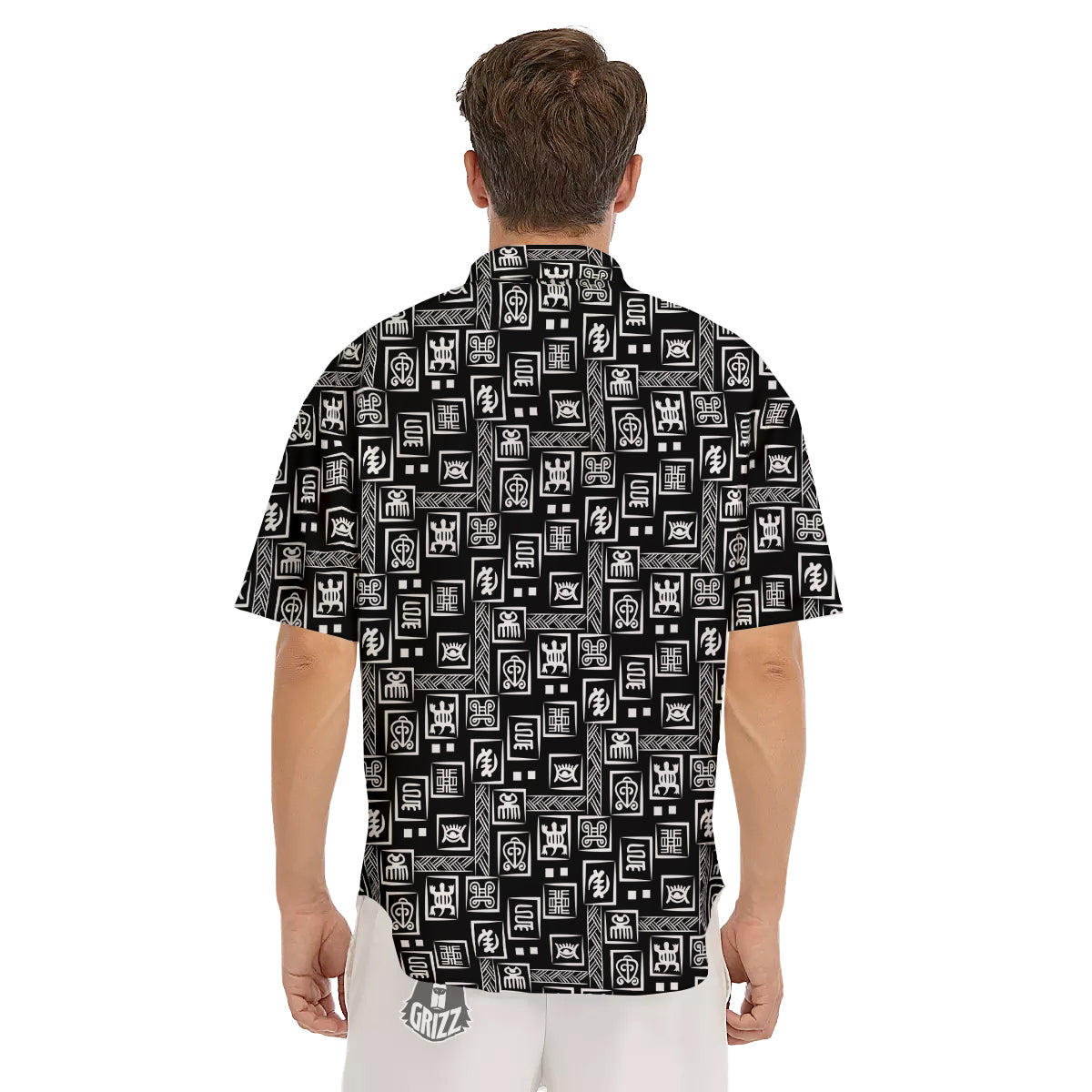 Adinkra Symbols White And Black Print Pattern Men's Short Sleeve Shirts-grizzshop