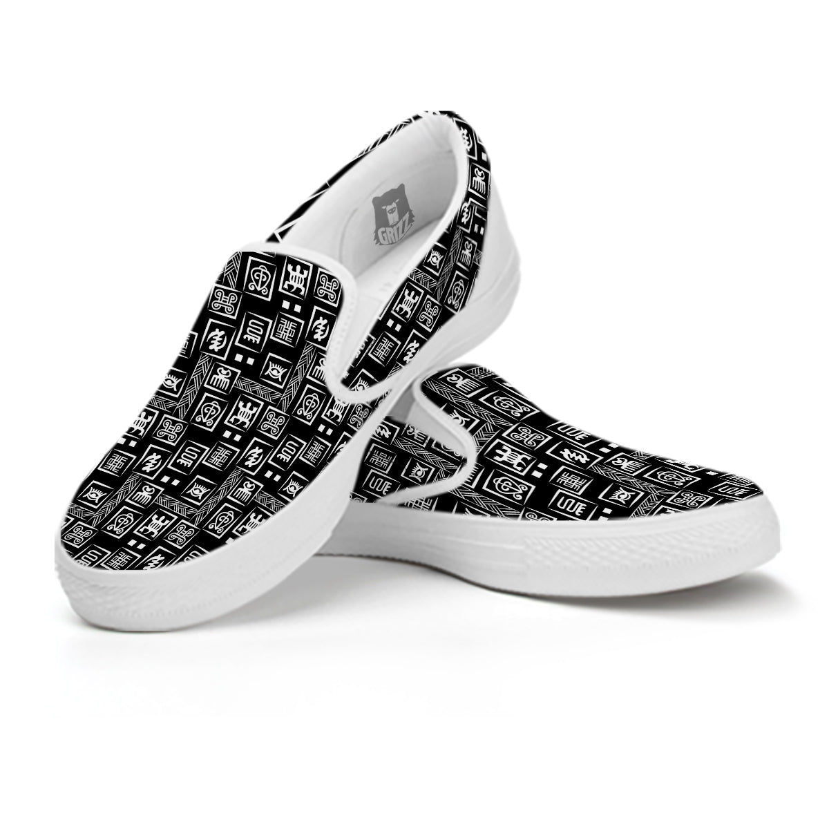 Adinkra Symbols White And Black Print Pattern White Slip On Shoes-grizzshop