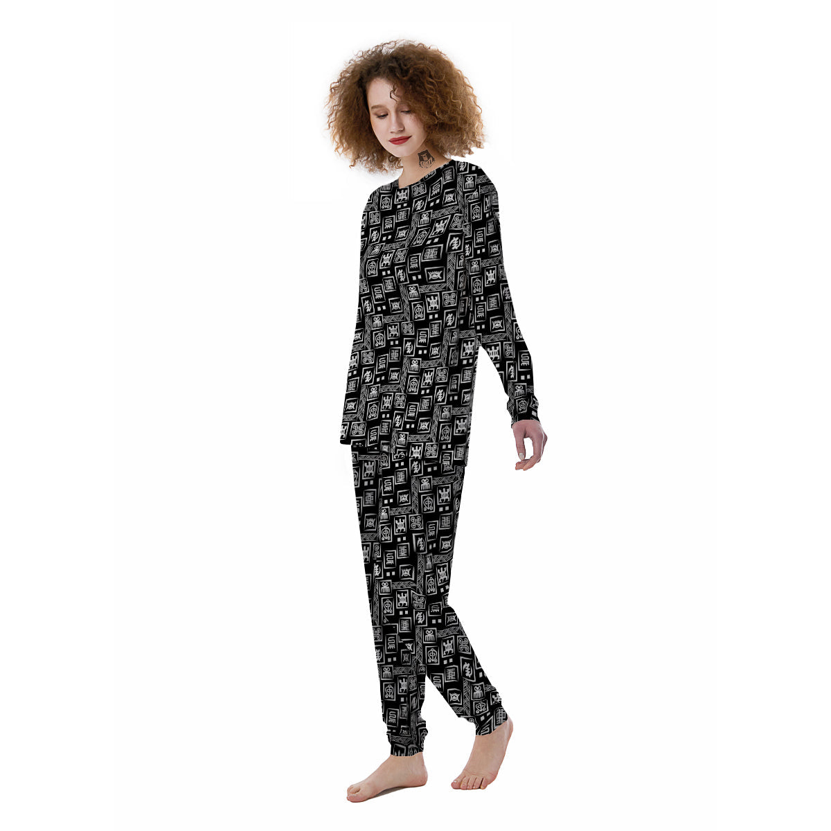 Adinkra Symbols White And Black Print Pattern Women's Pajamas-grizzshop