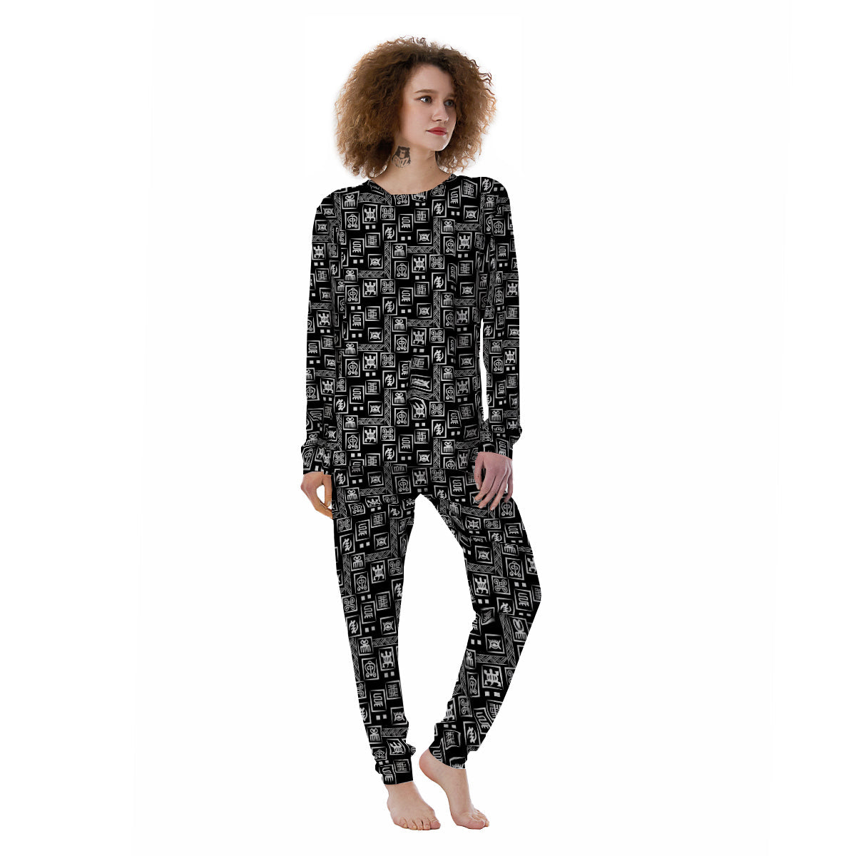 Adinkra Symbols White And Black Print Pattern Women's Pajamas-grizzshop