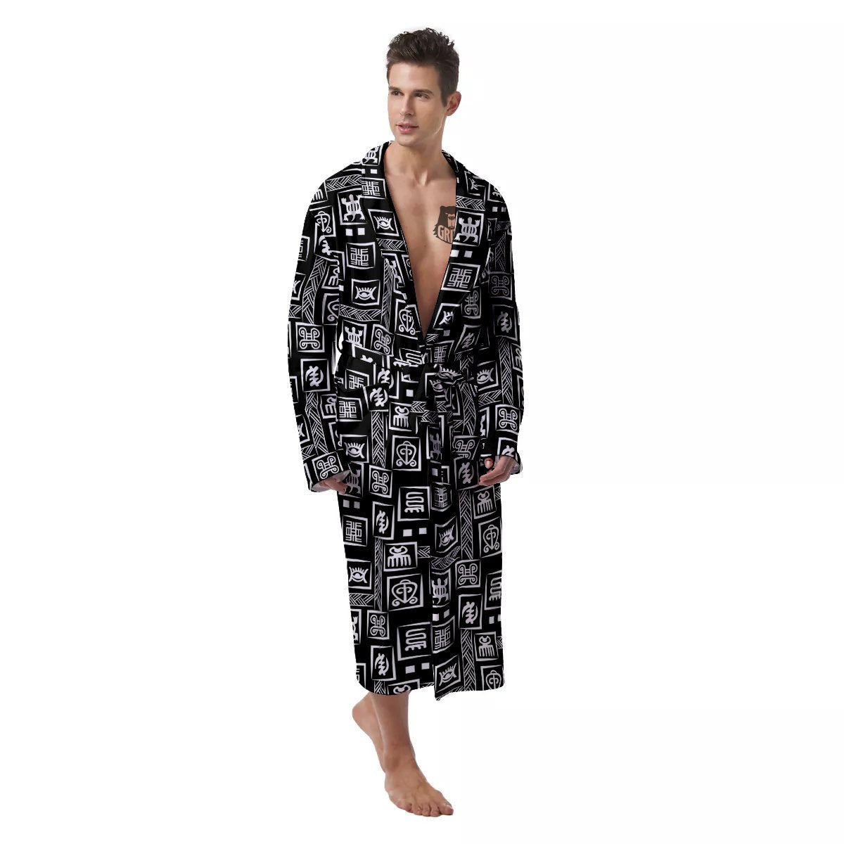 Adinkra Symbols White And Black Print Pattern Men's Robe-grizzshop