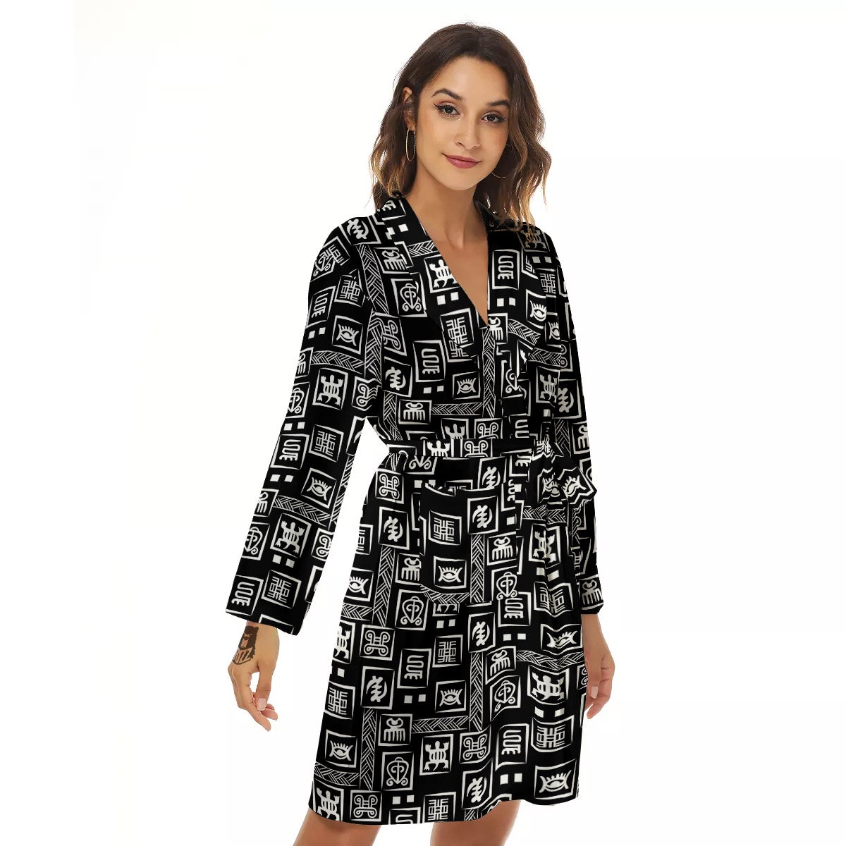Adinkra Symbols White And Black Print Pattern Women's Robe-grizzshop