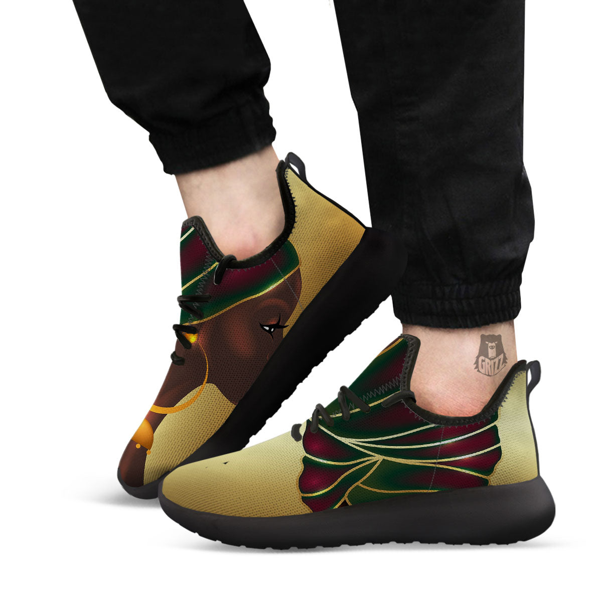 African Afro Gold And Black Print Black Athletic Shoes-grizzshop