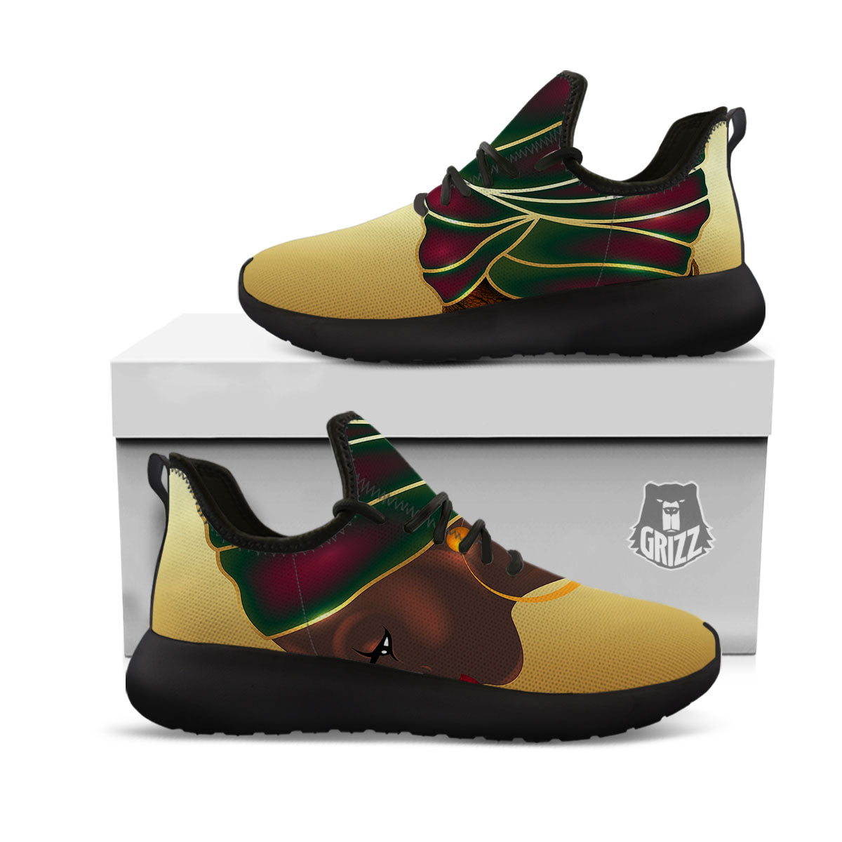 African Afro Gold And Black Print Black Athletic Shoes-grizzshop