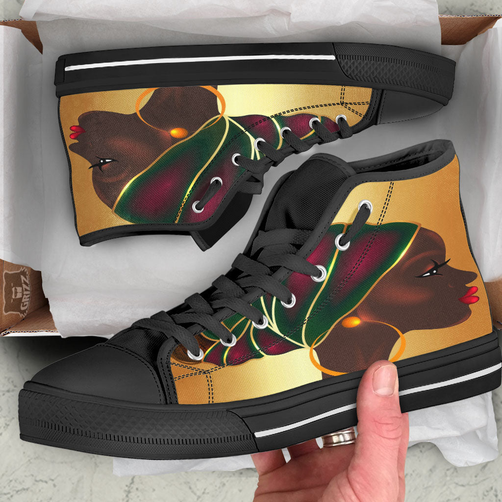 African Afro Gold And Black Print Black High Top Shoes-grizzshop