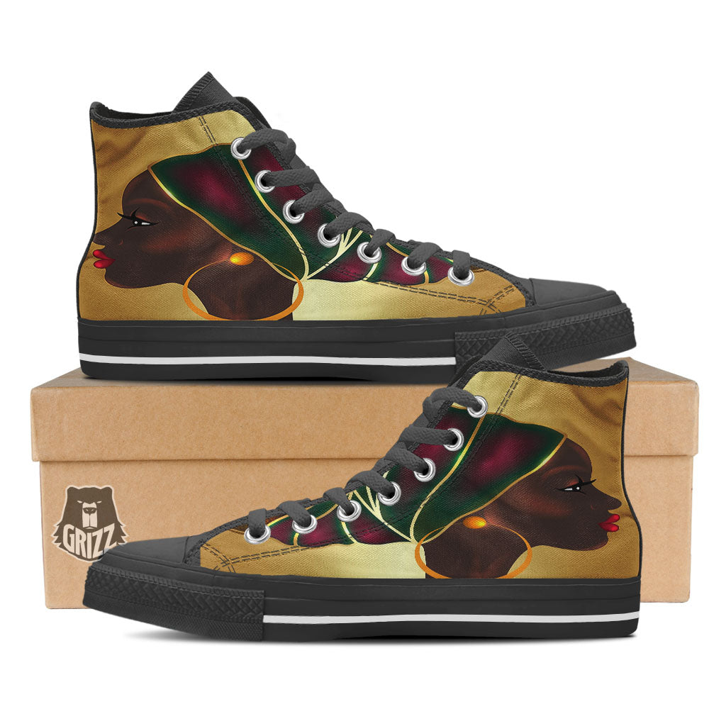 African Afro Gold And Black Print Black High Top Shoes-grizzshop