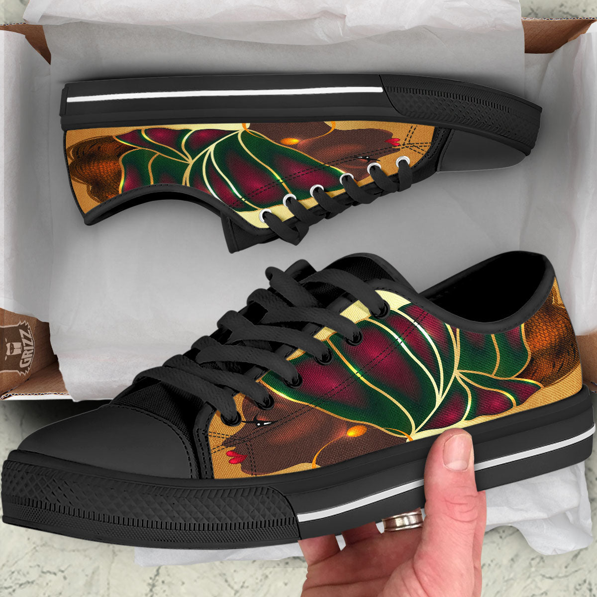 African Afro Gold And Black Print Black Low Top Shoes-grizzshop