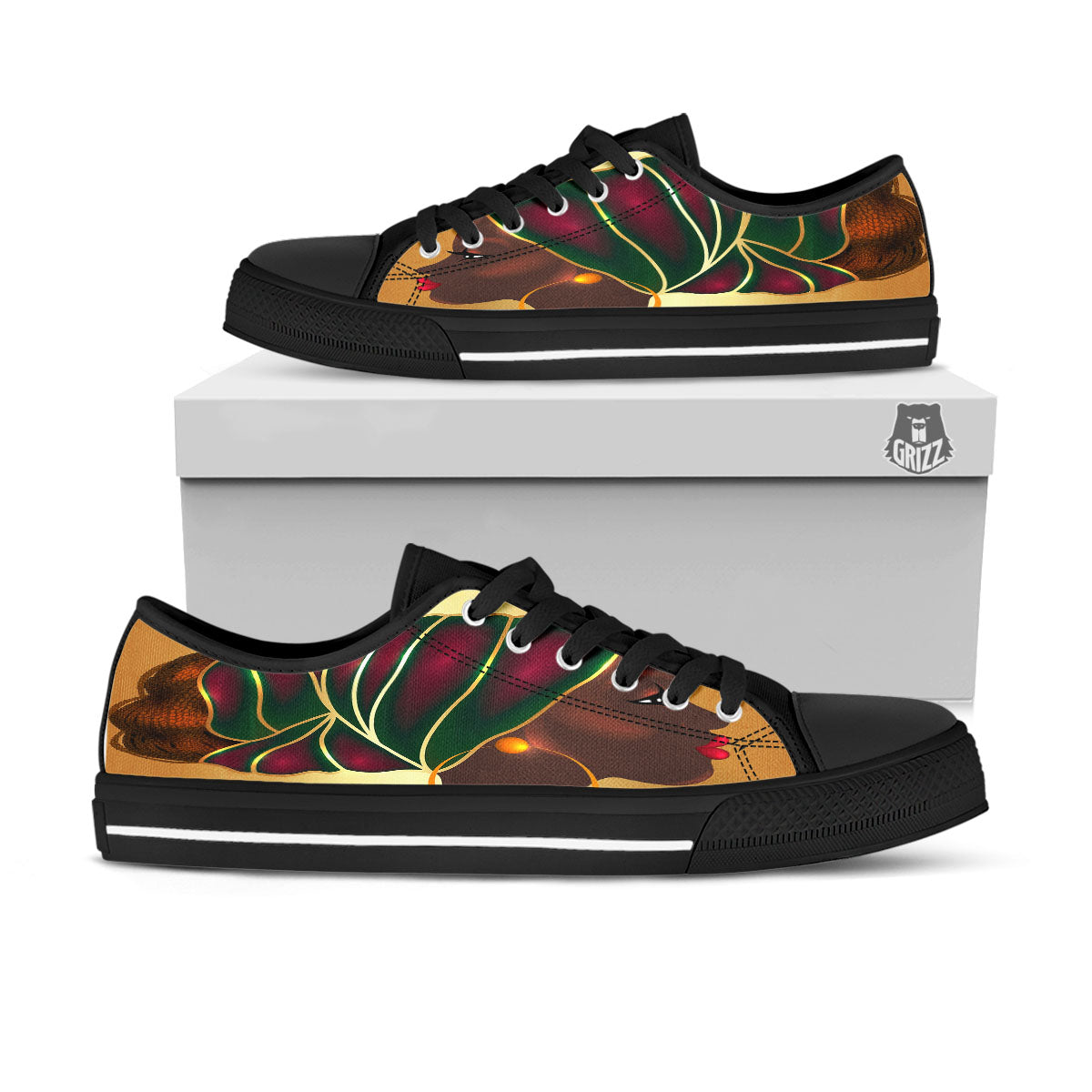 African Afro Gold And Black Print Black Low Top Shoes-grizzshop