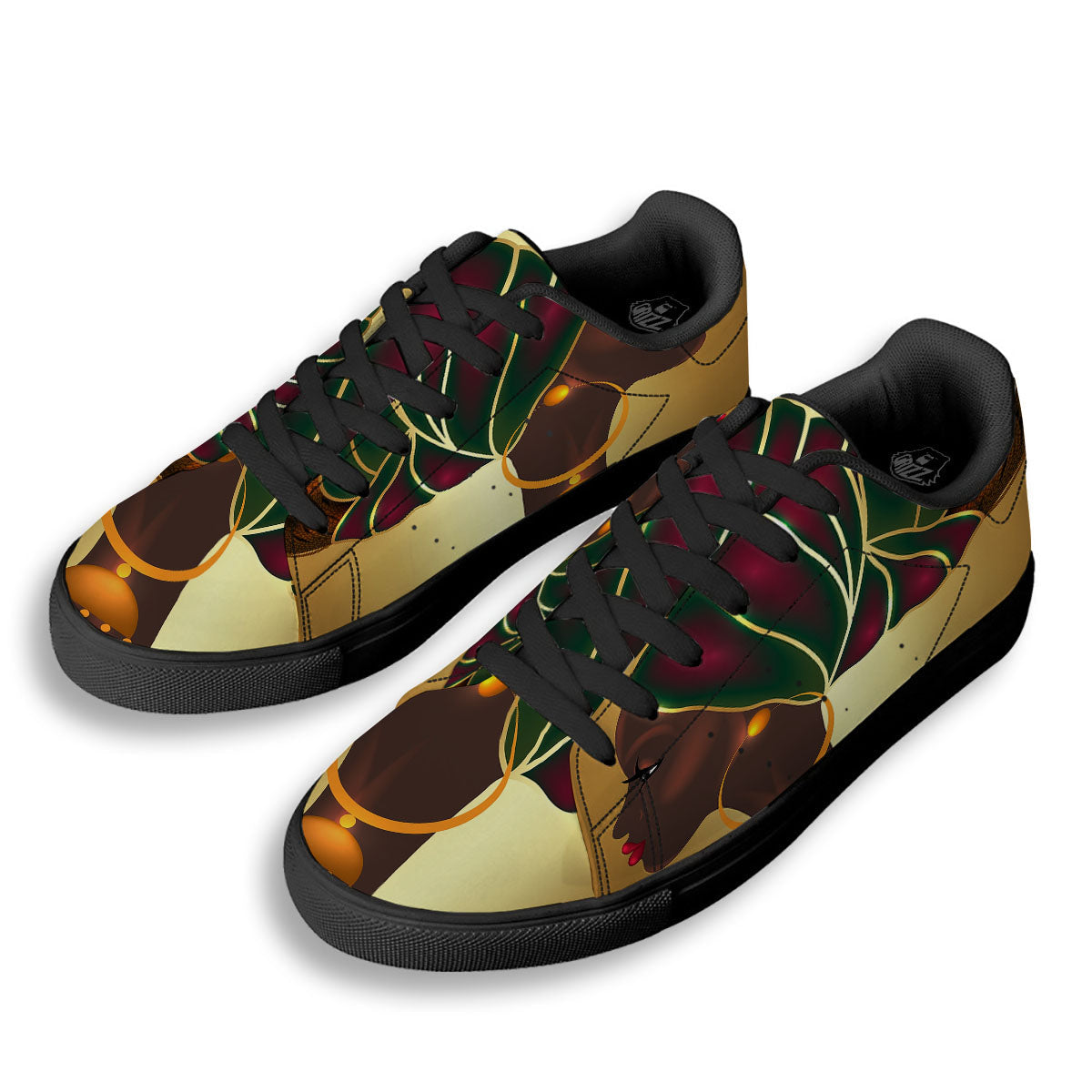 African Afro Gold And Black Print Black Low Top Sneakers-grizzshop