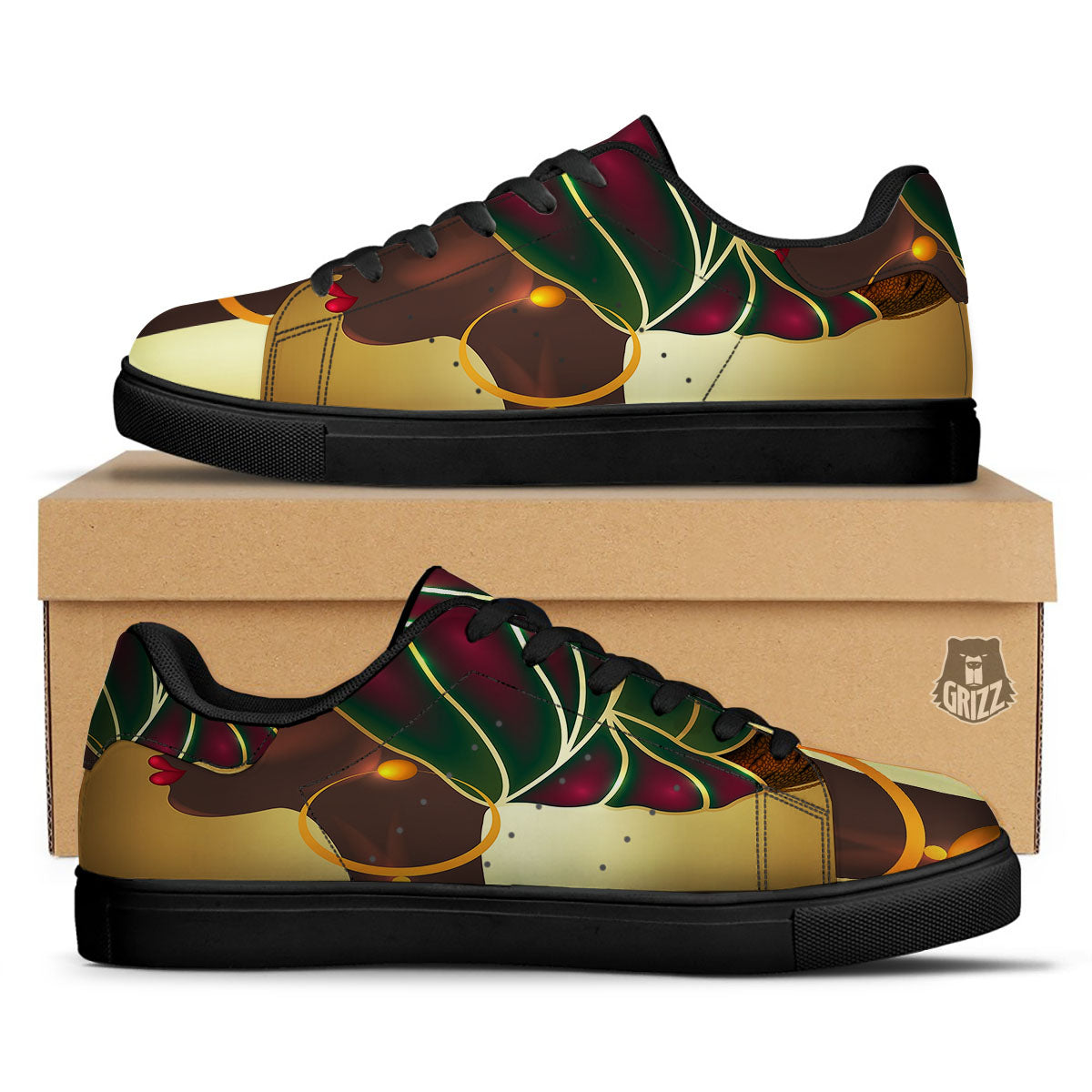 African Afro Gold And Black Print Black Low Top Sneakers-grizzshop