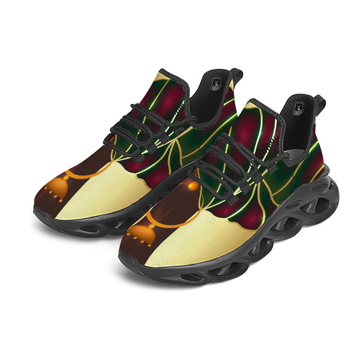 African Afro Gold And Black Print Black Running Shoes-grizzshop