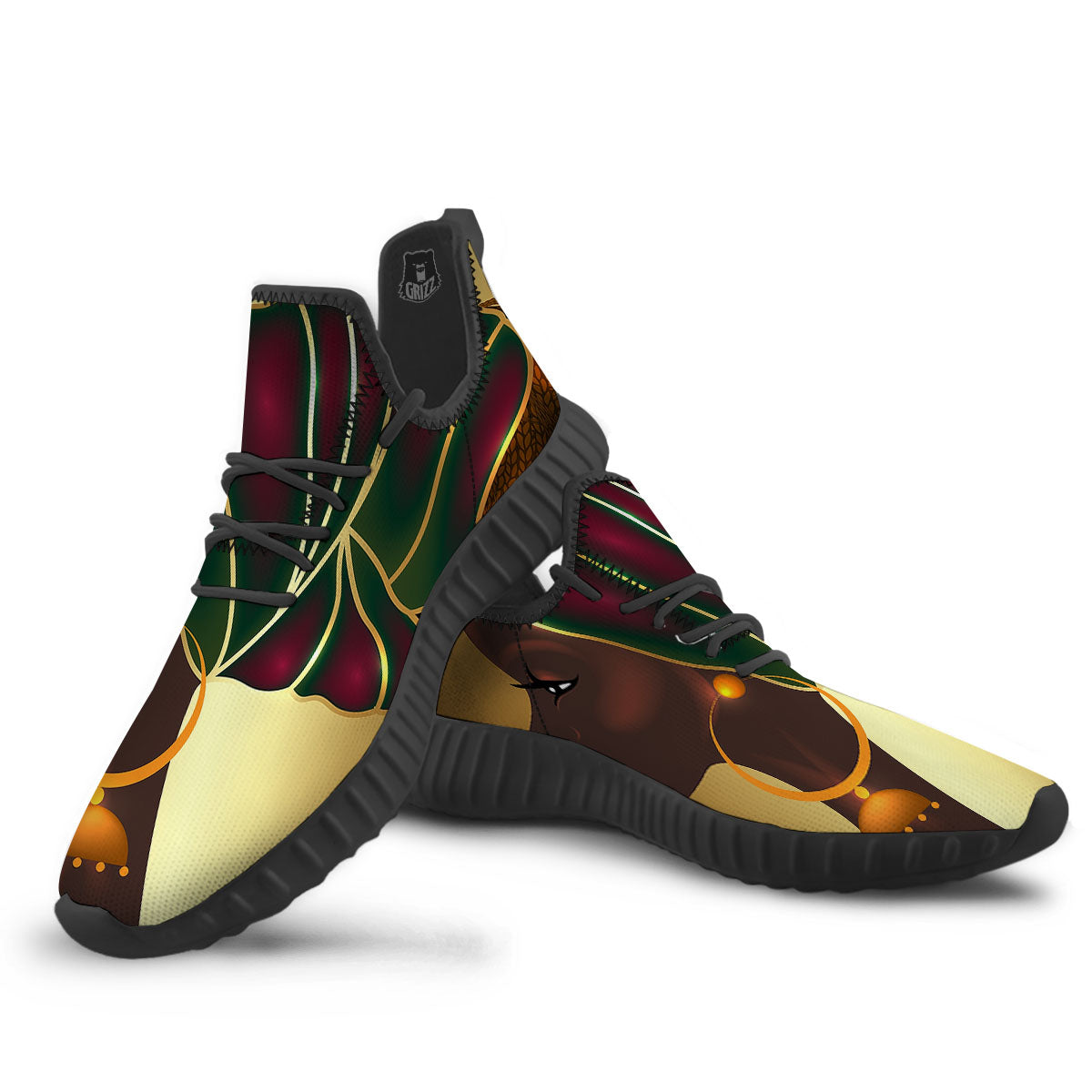 African Afro Gold And Black Print Black Walking Shoes-grizzshop