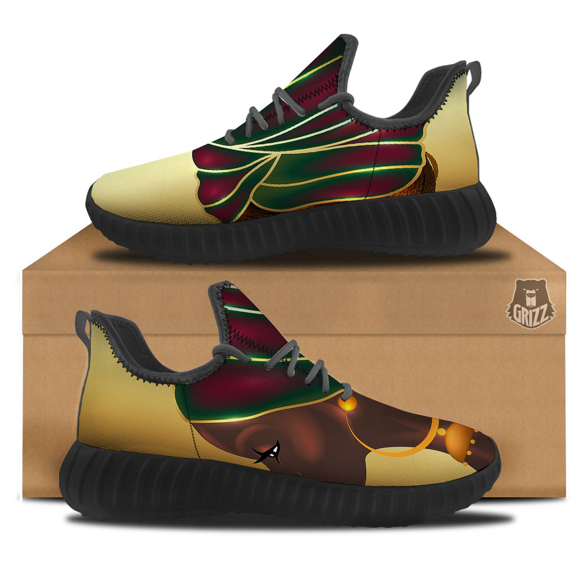 African Afro Gold And Black Print Black Walking Shoes-grizzshop