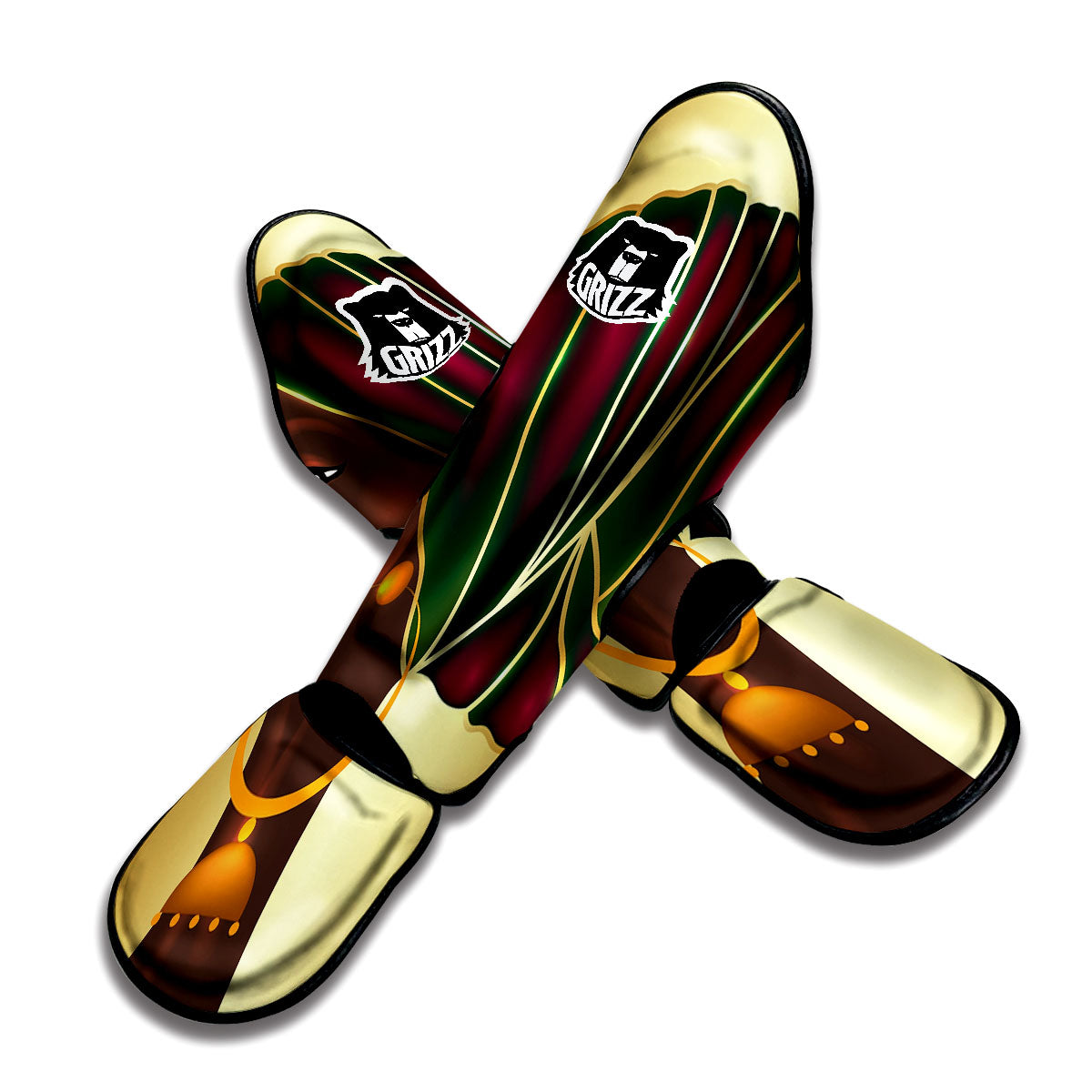 African Afro Gold And Black Print Muay Thai Shin Guards-grizzshop