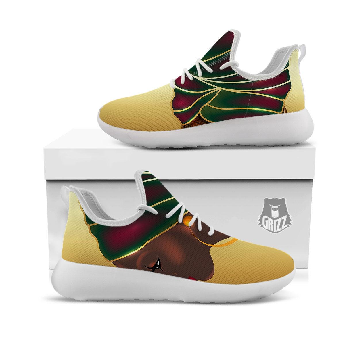 African Afro Gold And Black Print White Athletic Shoes-grizzshop