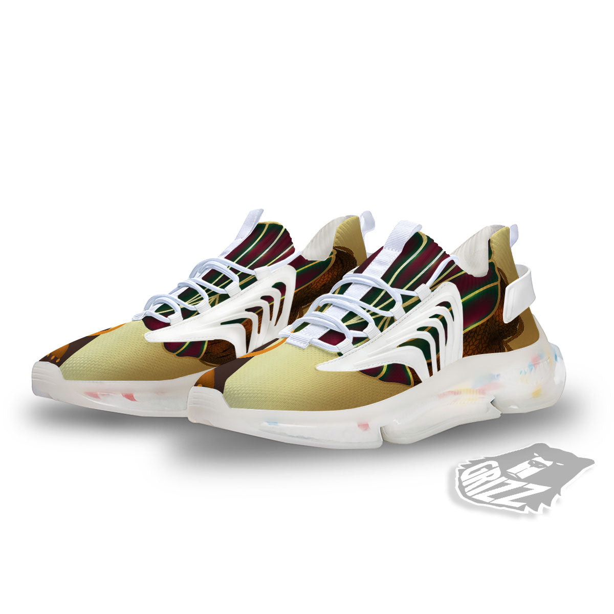 African Afro Gold And Black Print White Gym Shoes-grizzshop