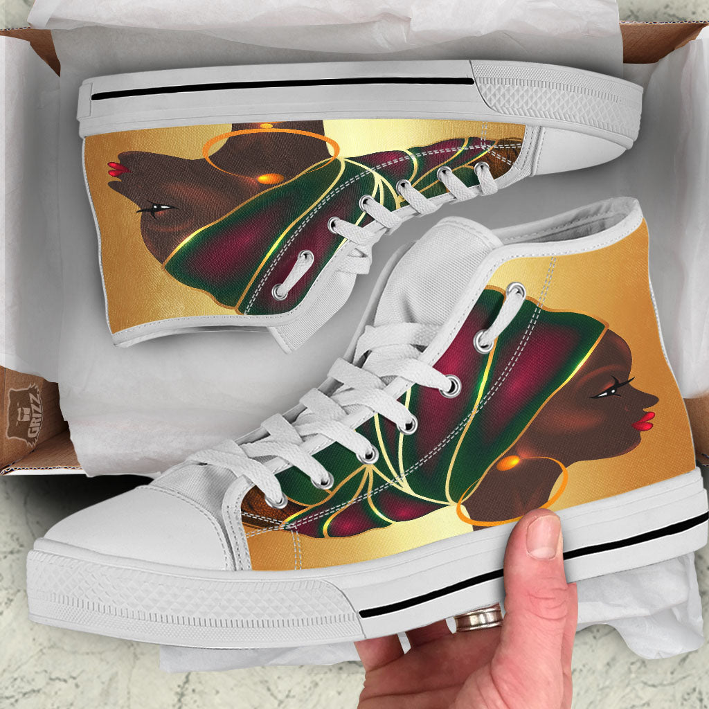 African Afro Gold And Black Print White High Top Shoes-grizzshop
