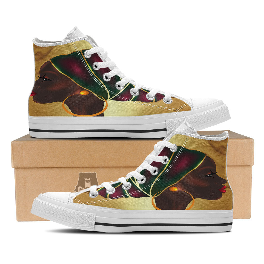 African Afro Gold And Black Print White High Top Shoes-grizzshop