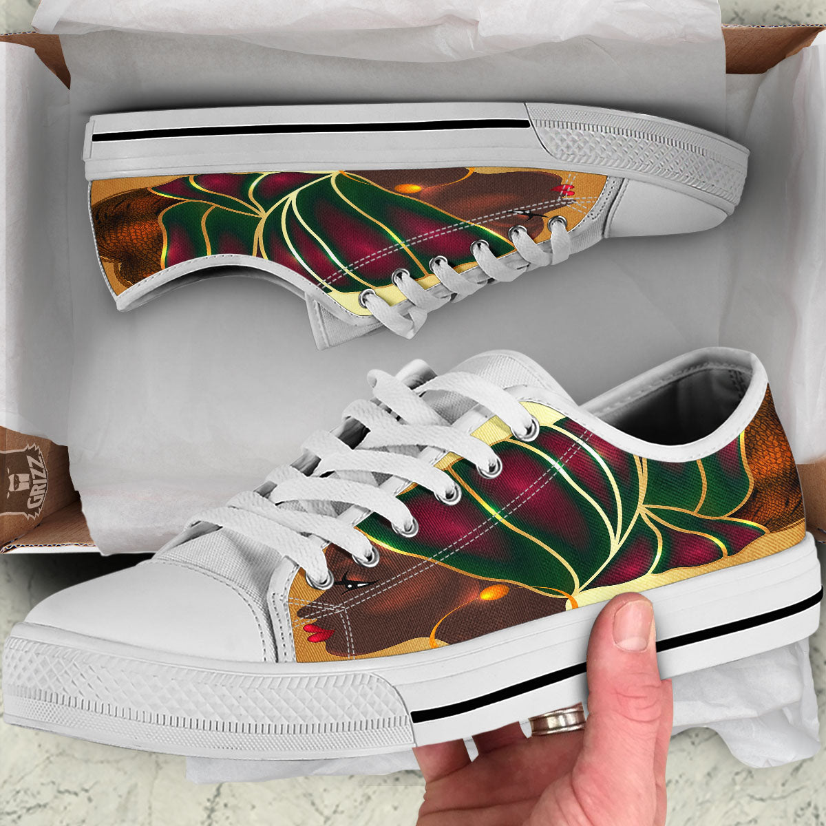African Afro Gold And Black Print White Low Top Shoes-grizzshop