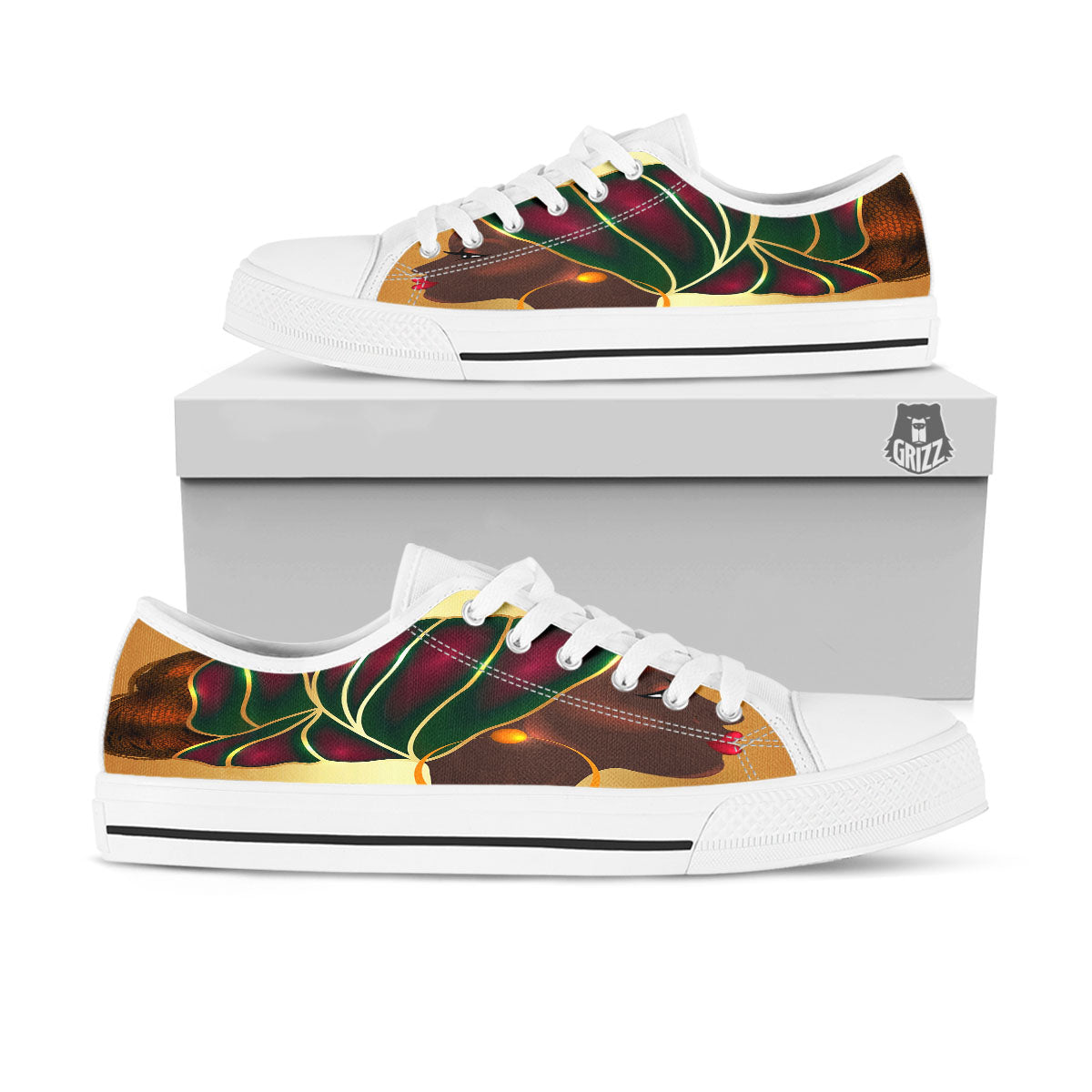 African Afro Gold And Black Print White Low Top Shoes-grizzshop