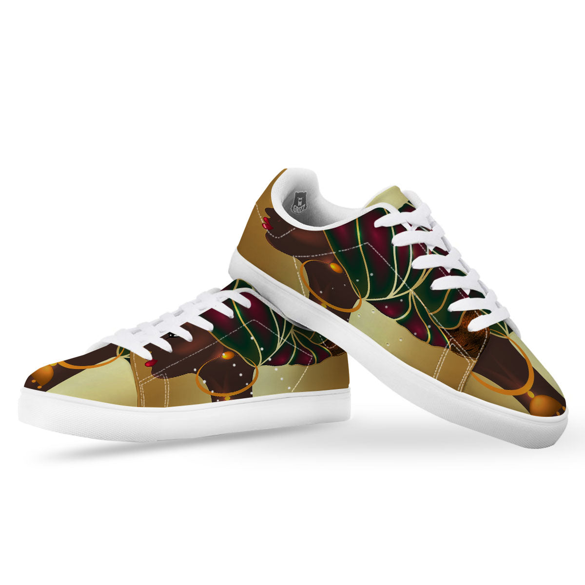 African Afro Gold And Black Print White Low Top Sneakers-grizzshop