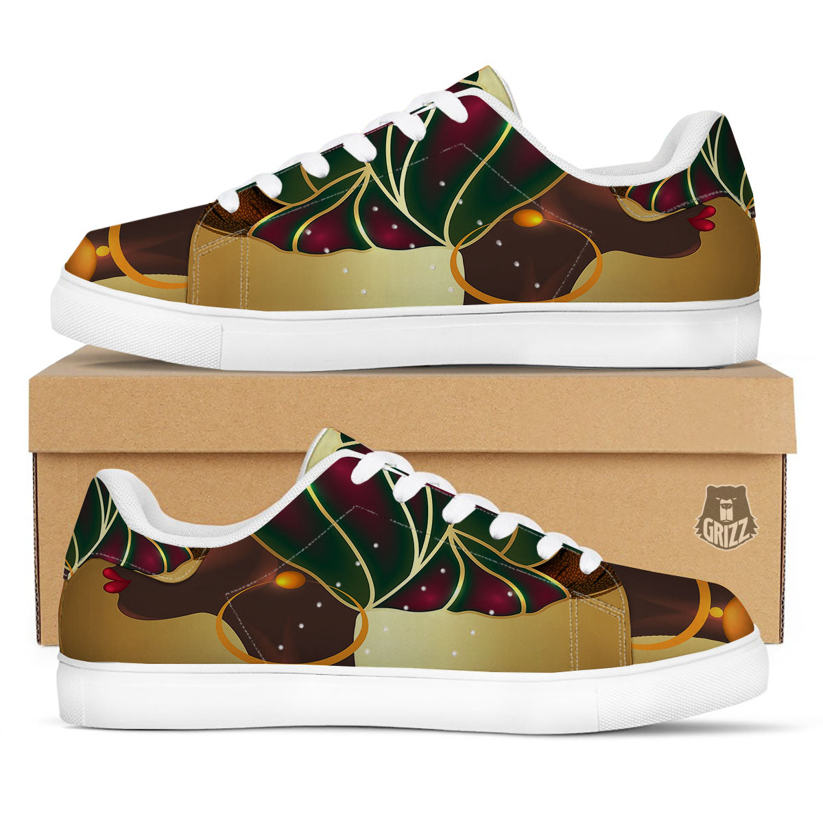 African Afro Gold And Black Print White Low Top Sneakers-grizzshop