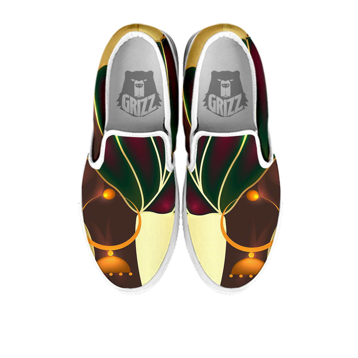 African Afro Gold And Black Print White Slip On Shoes-grizzshop