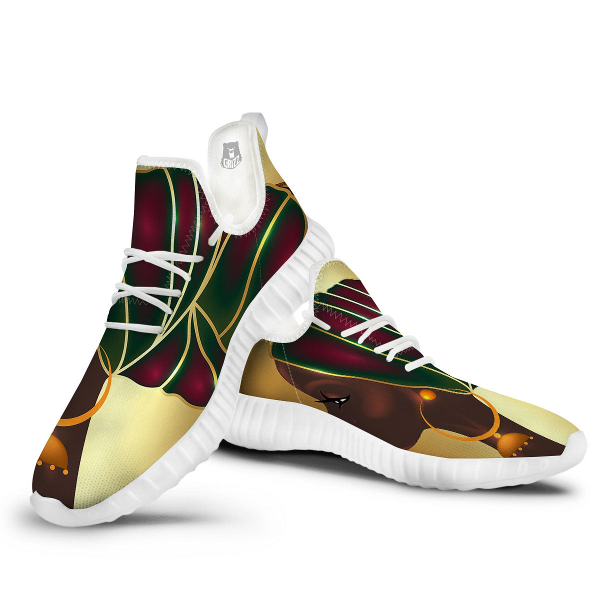 African Afro Gold And Black Print White Walking Shoes-grizzshop