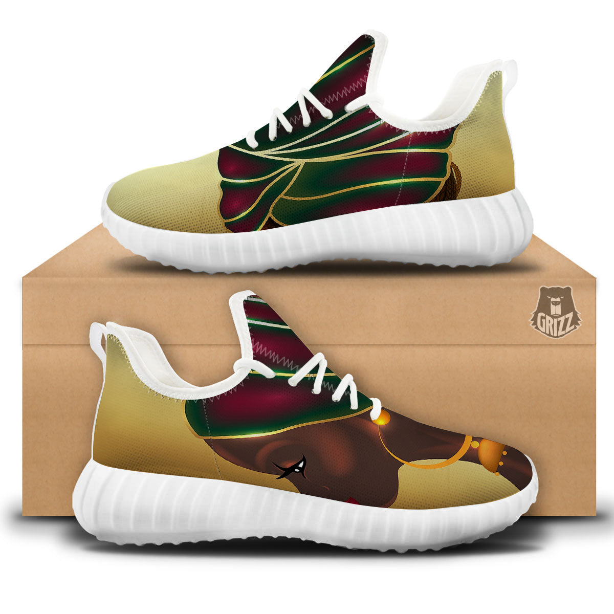 African Afro Gold And Black Print White Walking Shoes-grizzshop