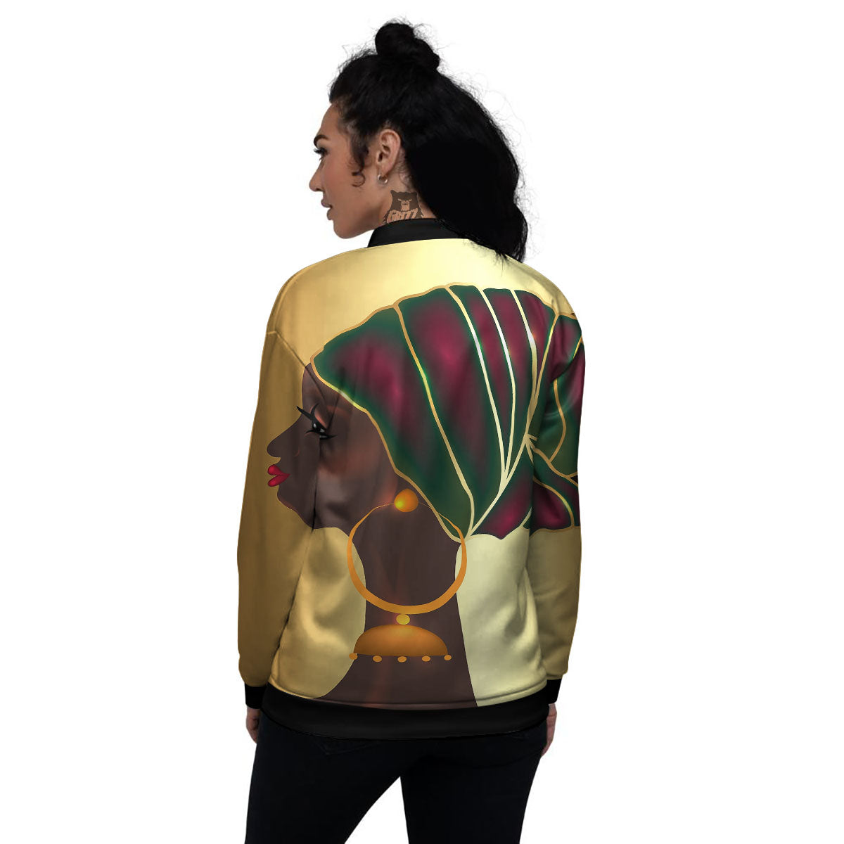 African Afro Gold And Black Print Women's Bomber Jacket-grizzshop