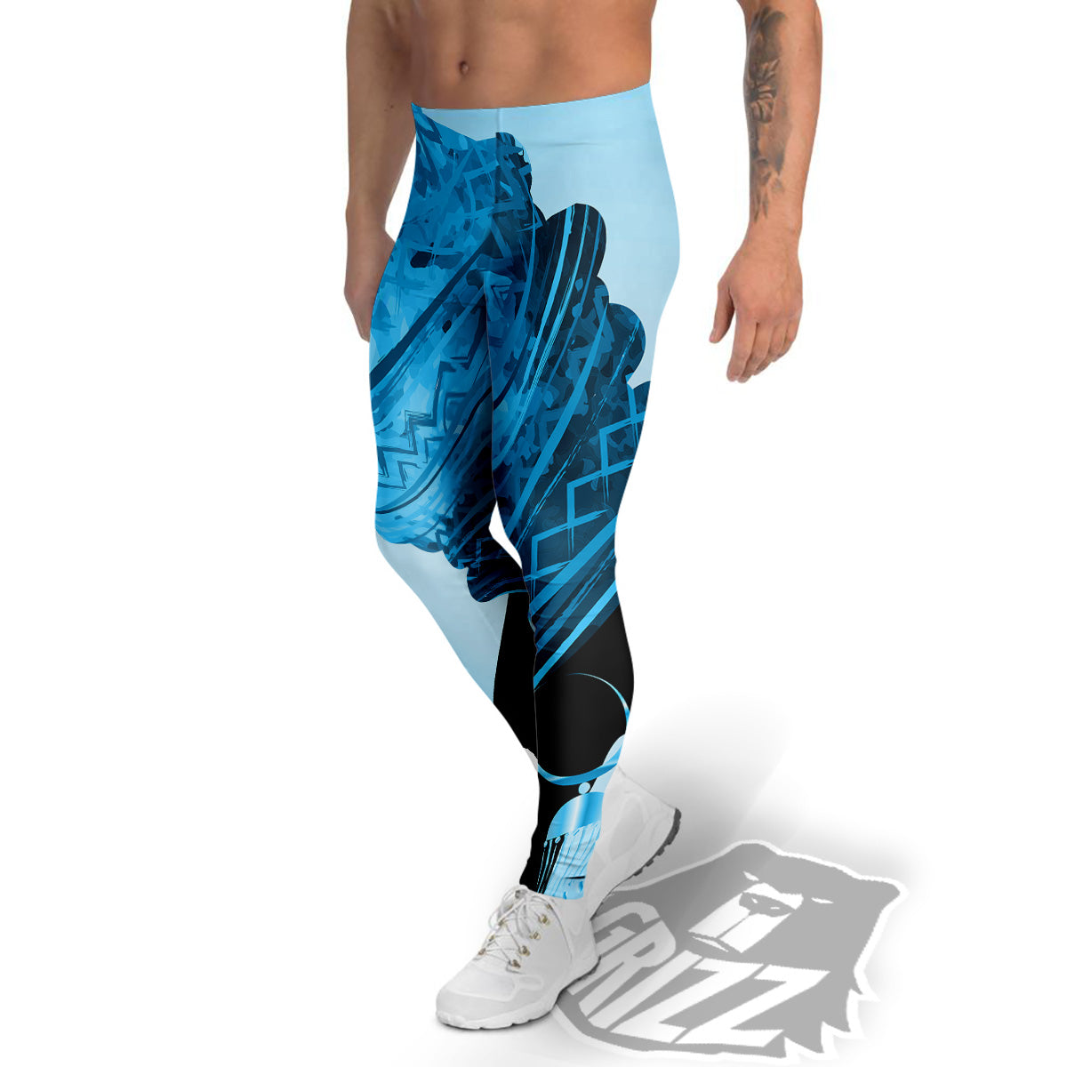 African Dashiki Black And Blue Print Men's Leggings-grizzshop