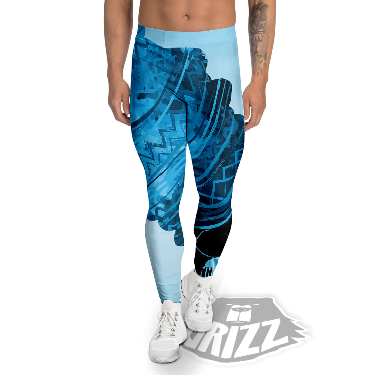 African Dashiki Black And Blue Print Men's Leggings-grizzshop
