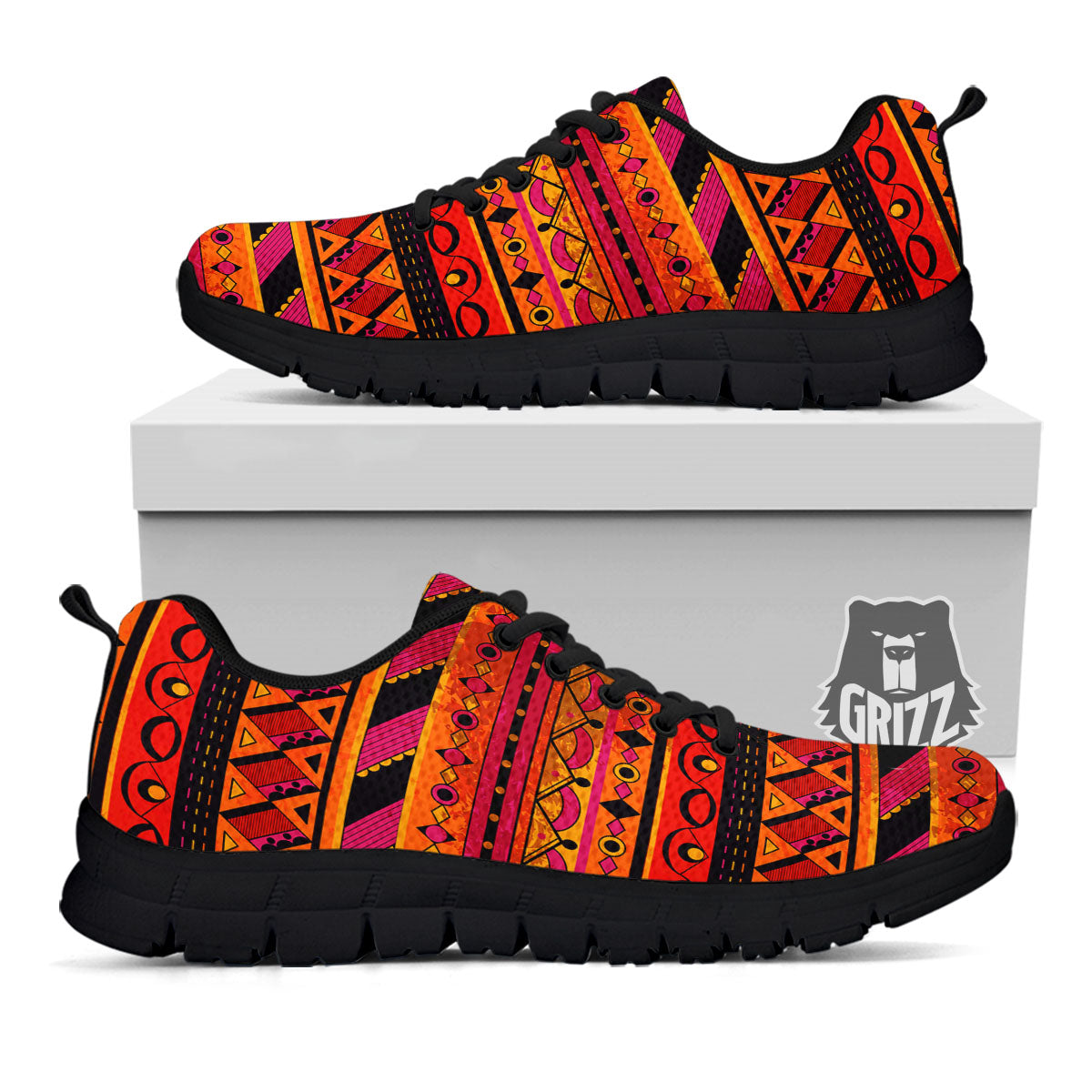 African Dashiki Black And Orange Print Black Sneaker-grizzshop