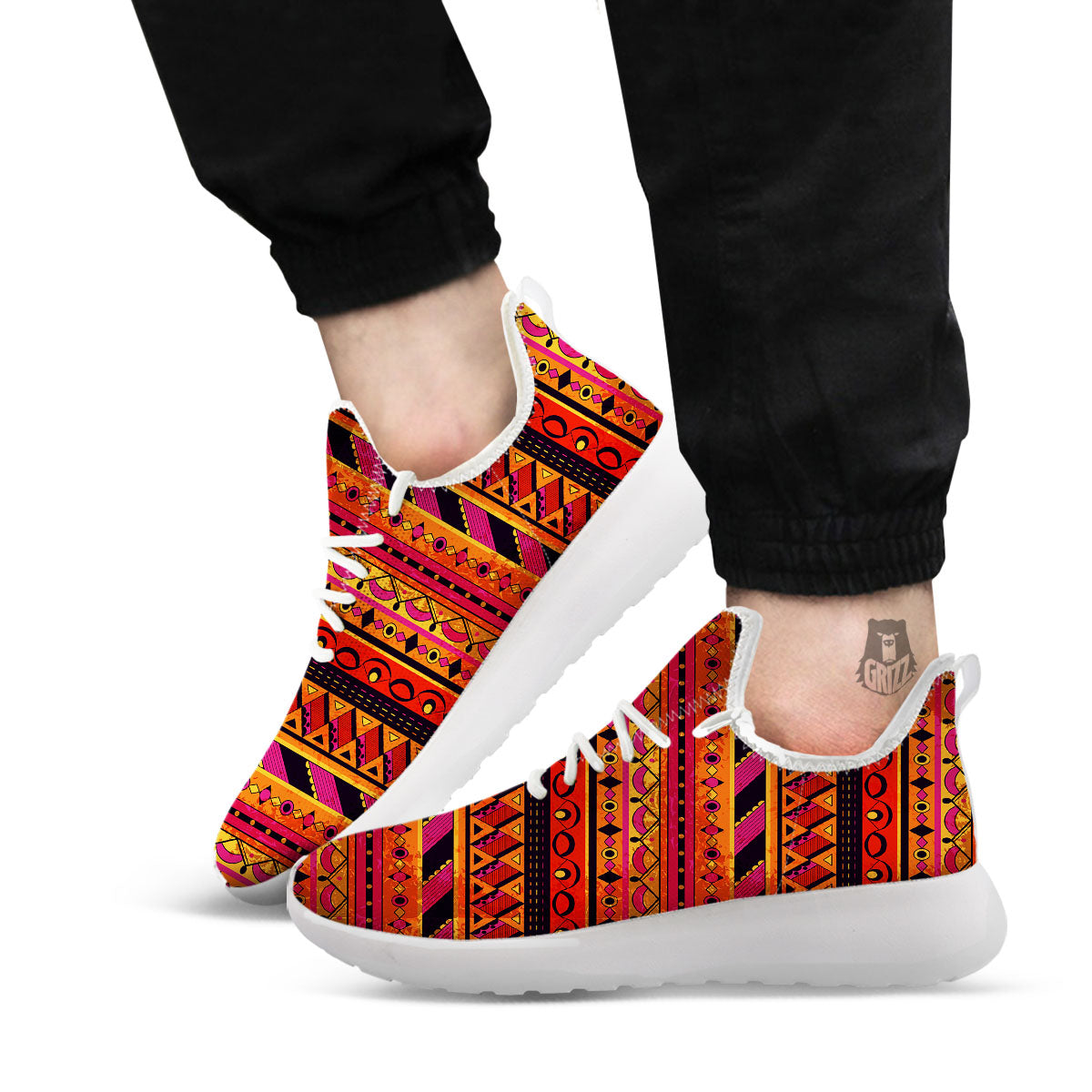 African Dashiki Black And Orange Print White Athletic Shoes-grizzshop